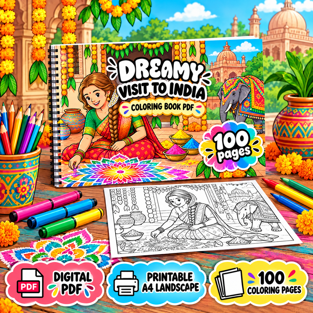 Dreamy India Journey 100 Pages Coloring Book  Printable PDF