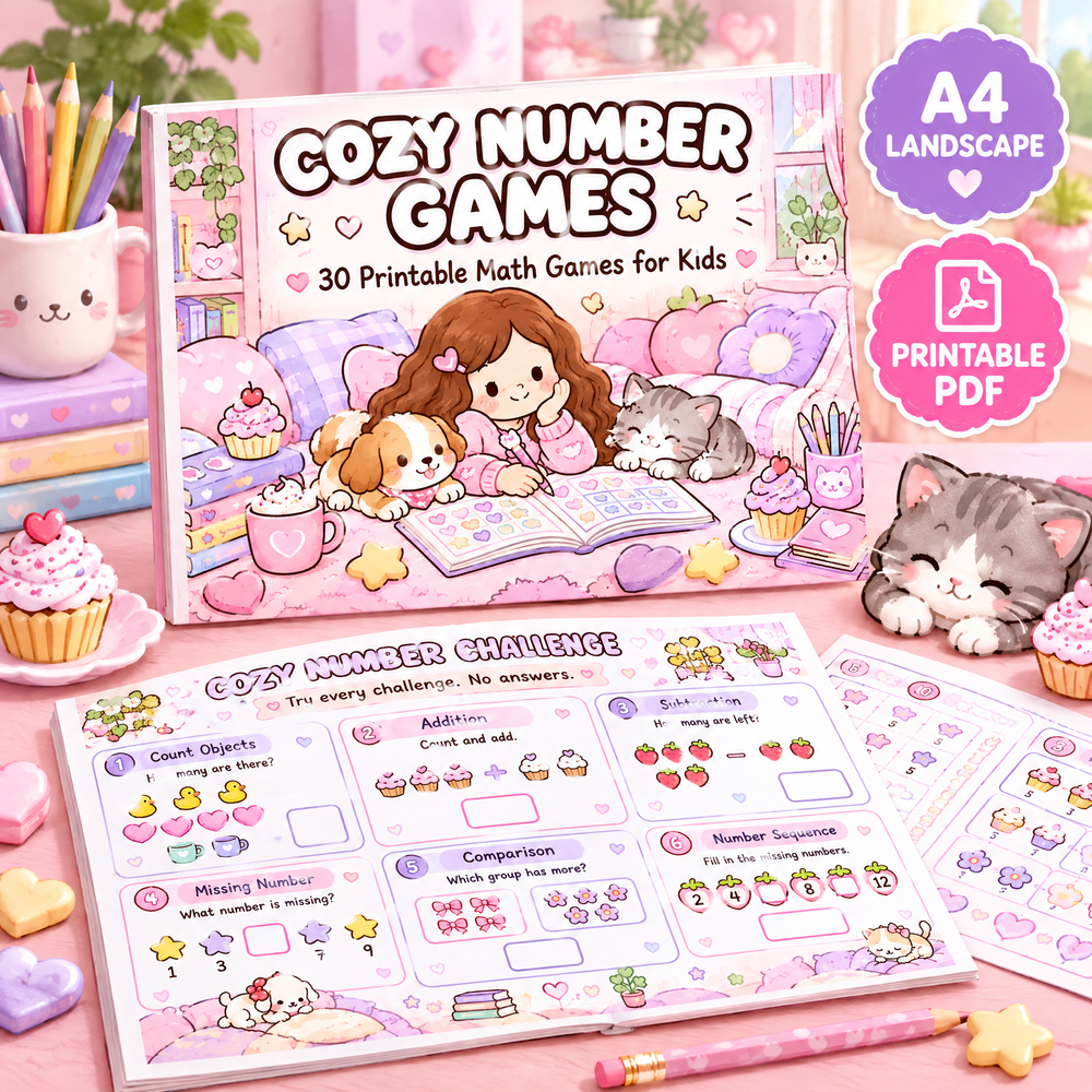 Cozy Animal Number Games – 30 Printable Math Activities for Kids Ages 4–7  A4 Landscape PDF  English Digital Product