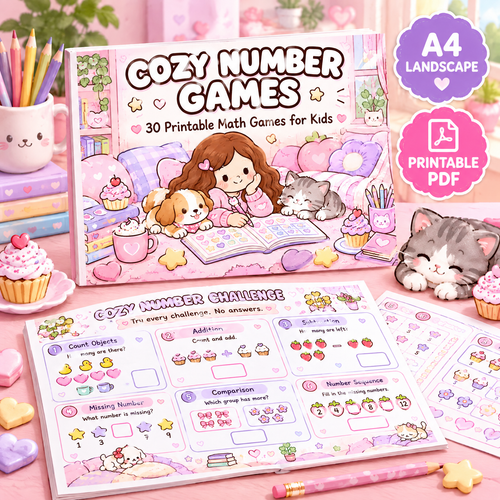 Cozy Animal Number Games – 30 Printable Math Activities for Kids Ages 4–7  A4 Landscape PDF  English Digital Product
