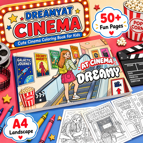 Dreamy Cat at Cinema: 50+ Cute Cinema Coloring Book for Kids