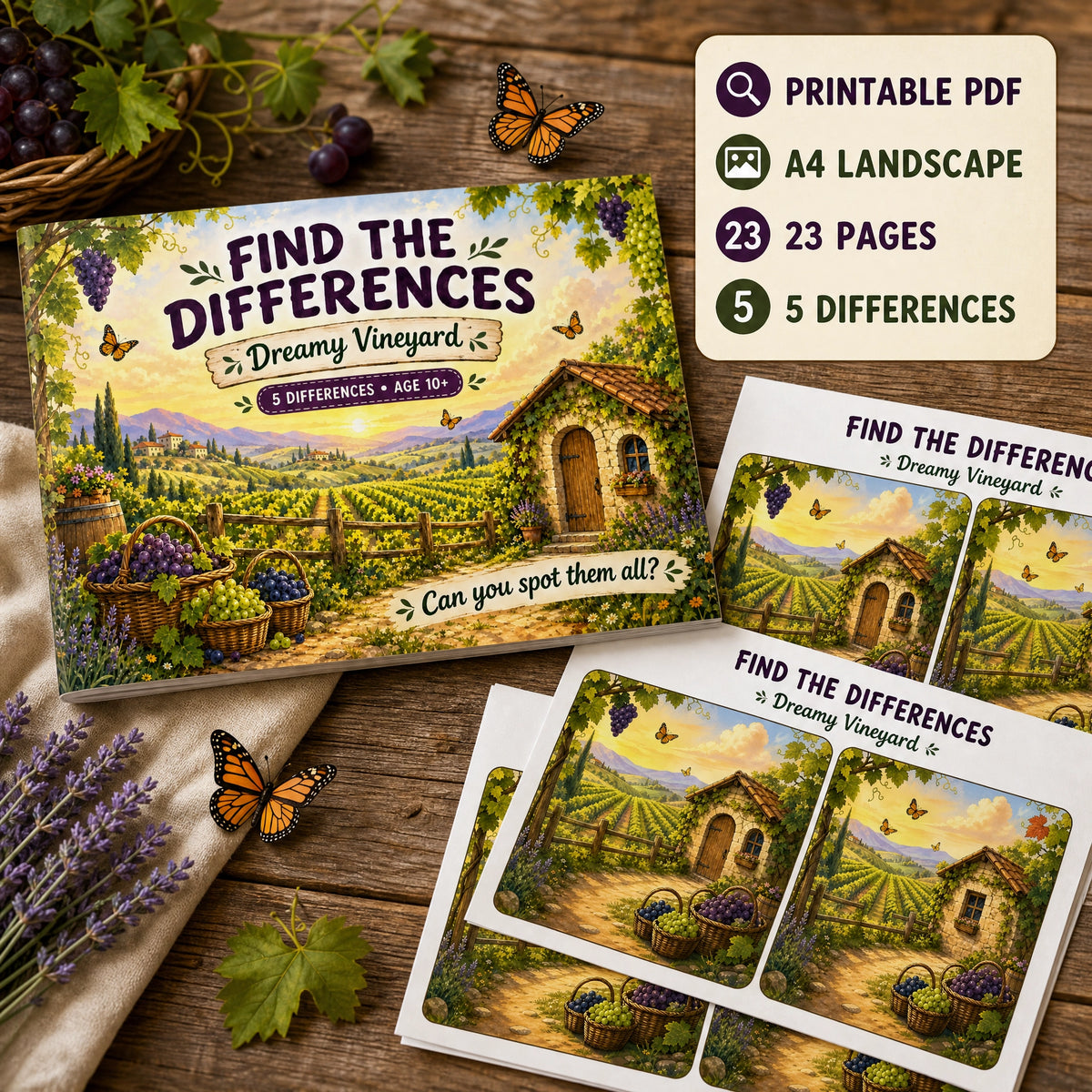 Find the Differences: Dreamy Vineyard – Printable PDF Puzzle Book for Kids &amp; Families