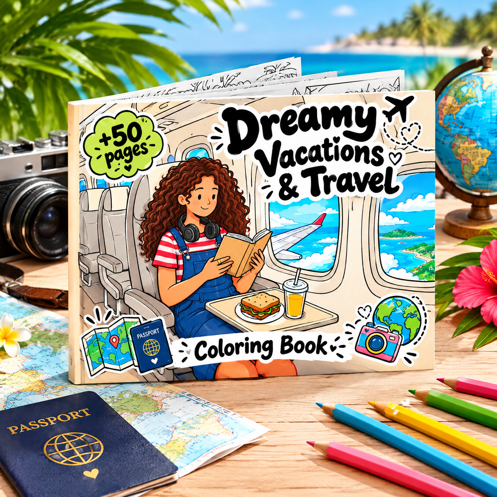 Dreamy Vacations &amp; Travel Coloring Book — 50+ Pages