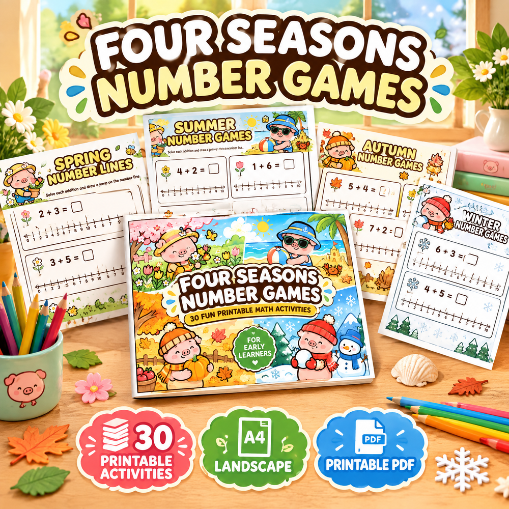 Four Seasons Number Games for Kids – 30 Printable Math Worksheets PDF – A4 Landscape Educational Activity Book