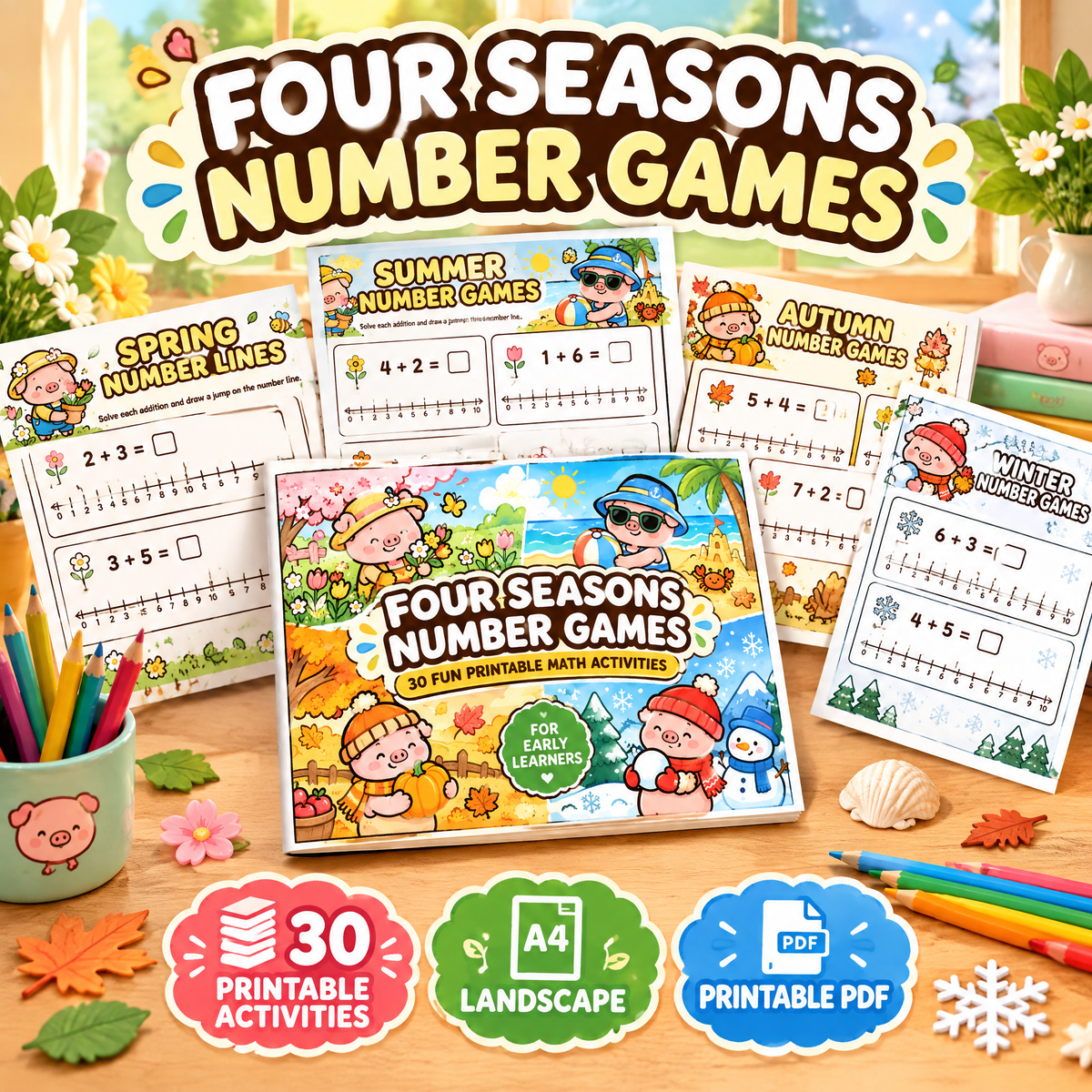 Four Seasons Number Games for Kids – 30 Printable Math Worksheets PDF – A4 Landscape Educational Activity Book