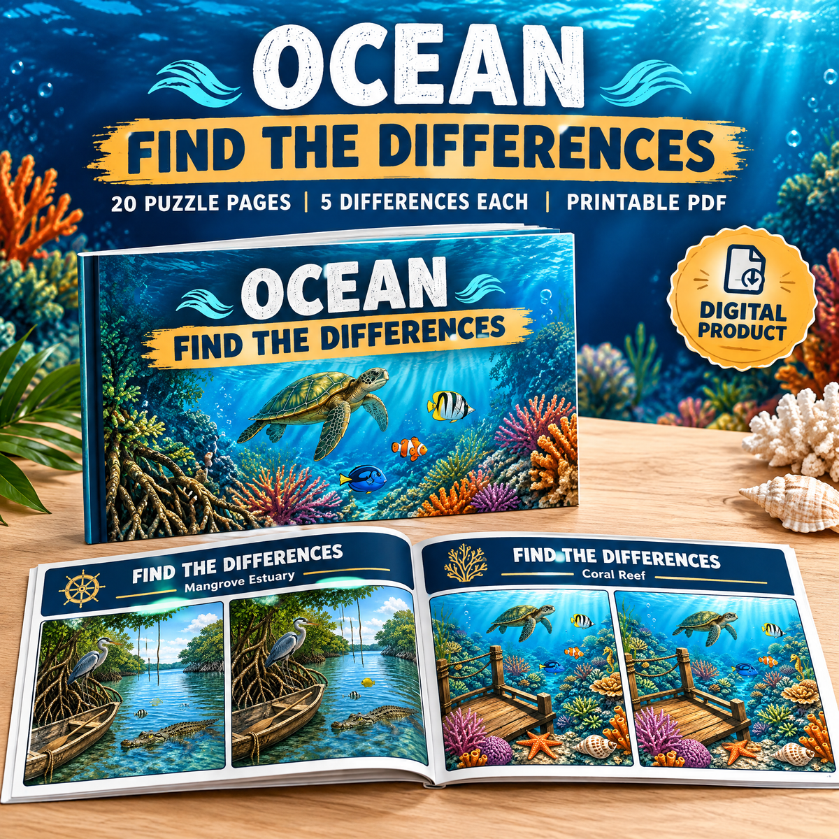 Find the Differences: Ocean Adventures – 20 Pages Printable PDF Activity Book