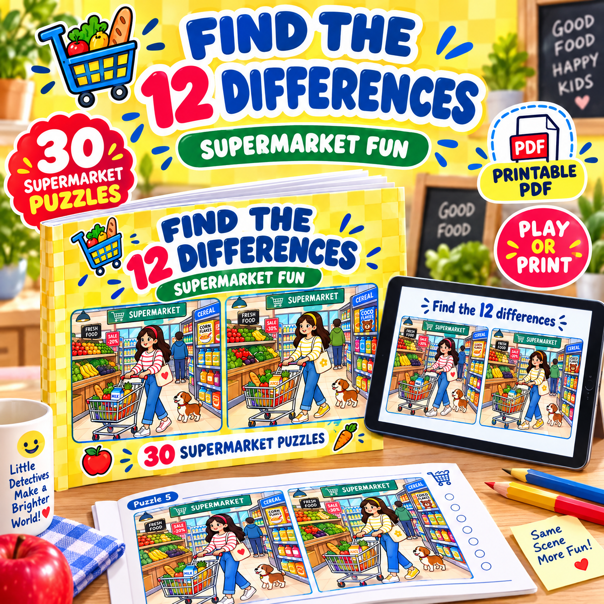 Find the 12 Differences Supermarket Fun – 30 Puzzles for Kids