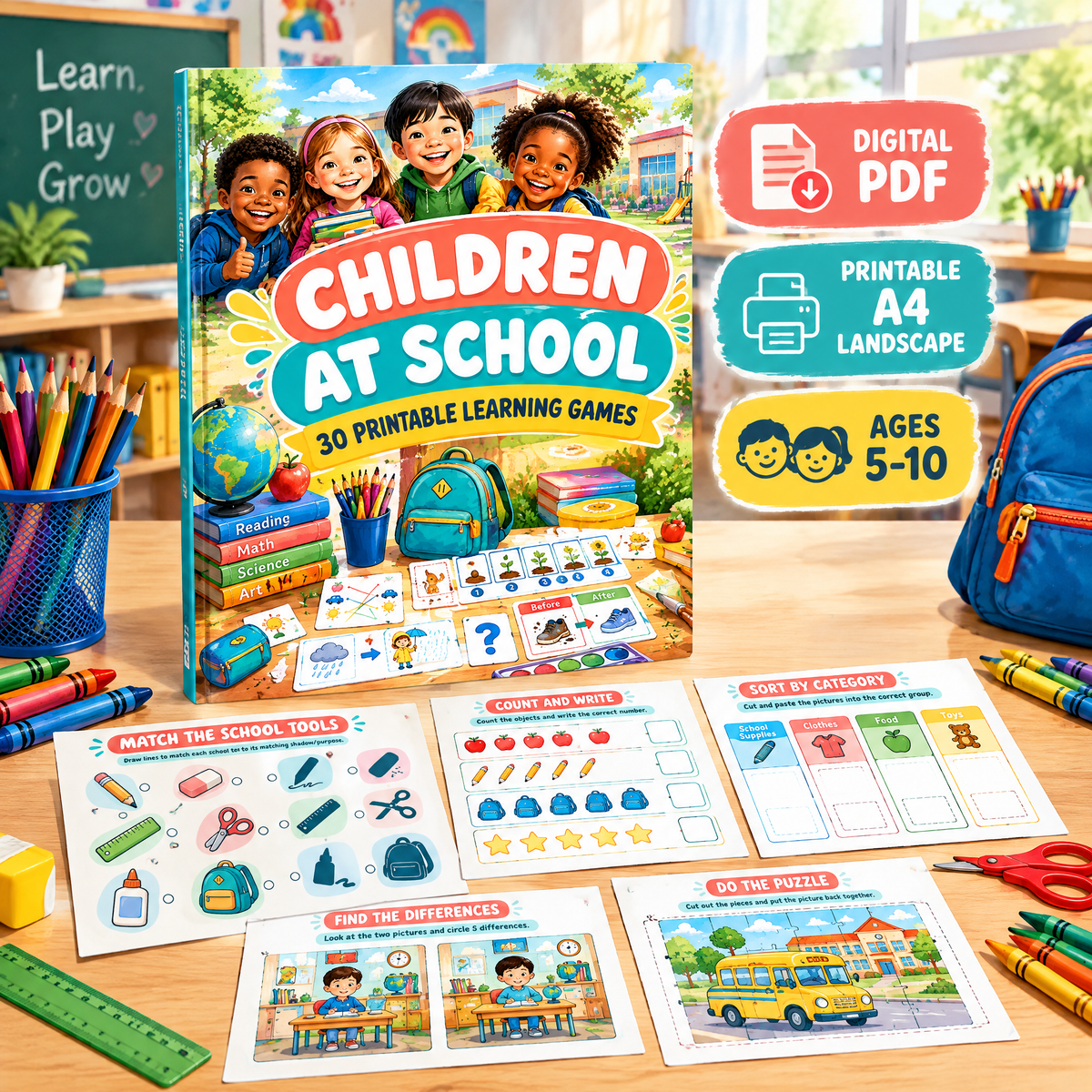 Children at School 30 Printable Learning Games for Kids Ages 5–10