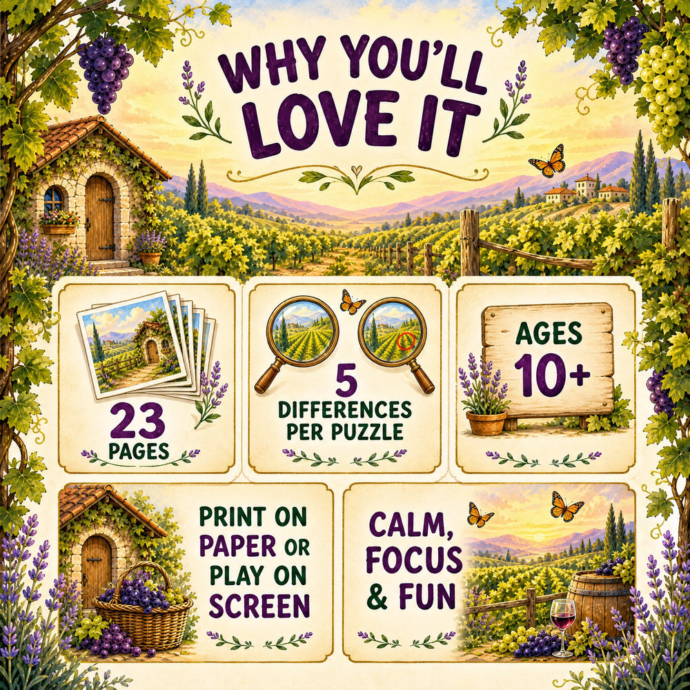 Find the Differences: Dreamy Vineyard – Printable PDF Puzzle Book for Kids &amp; Families