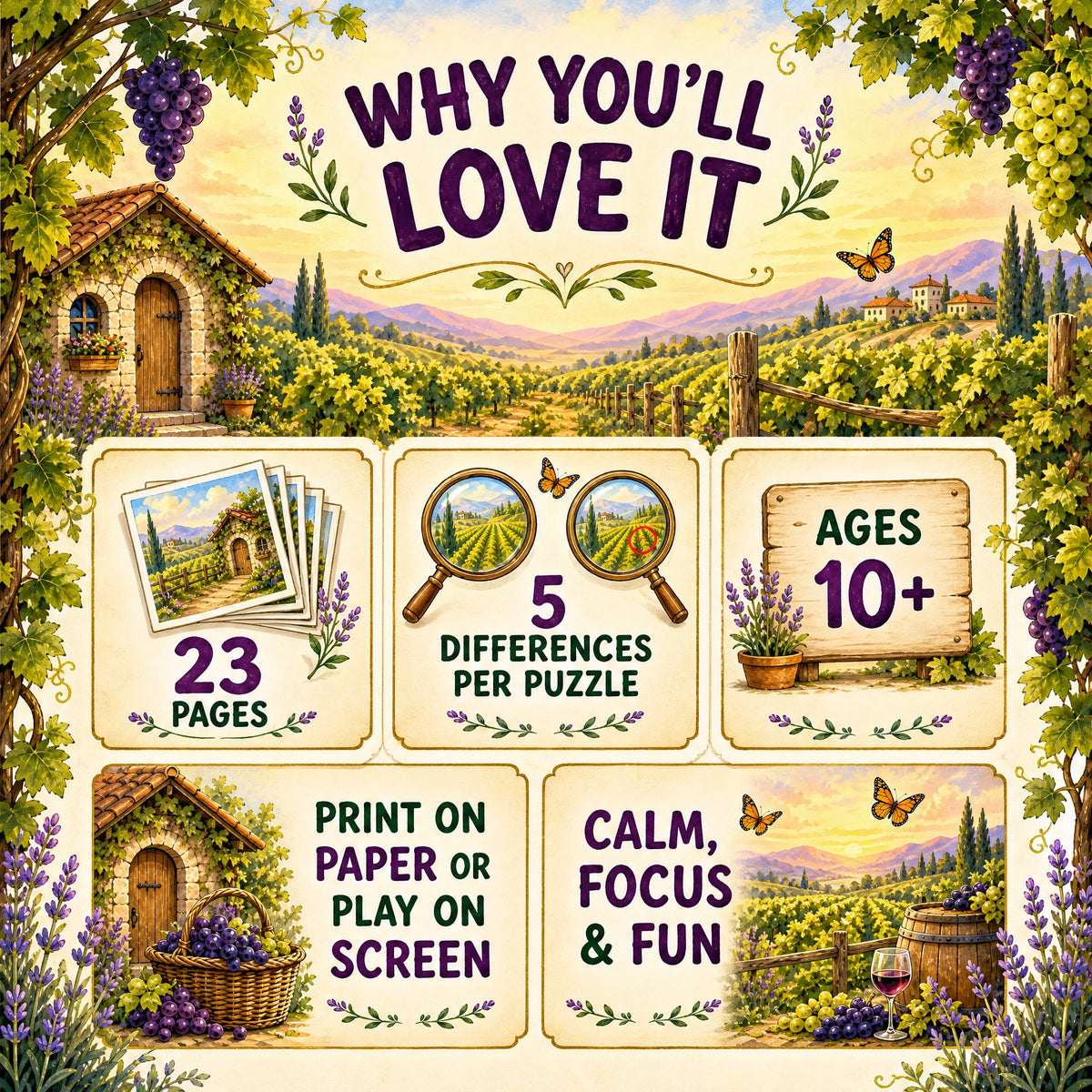 Find the Differences: Dreamy Vineyard – Printable PDF Puzzle Book for Kids &amp; Families