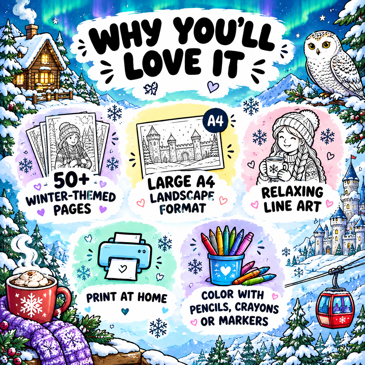 Dreamy Winter Season Coloring Book – 50 Printable Cozy Winter Pages