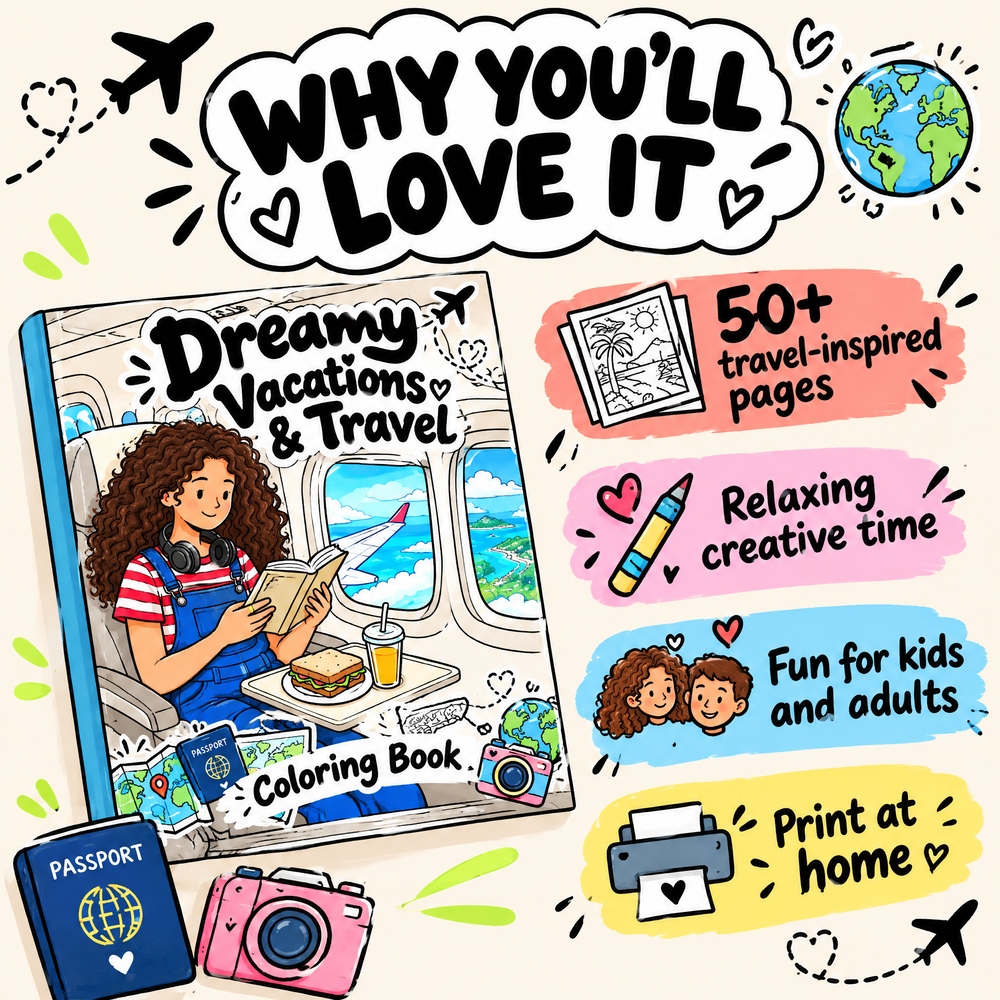 Dreamy Vacations &amp; Travel Coloring Book — 50+ Pages