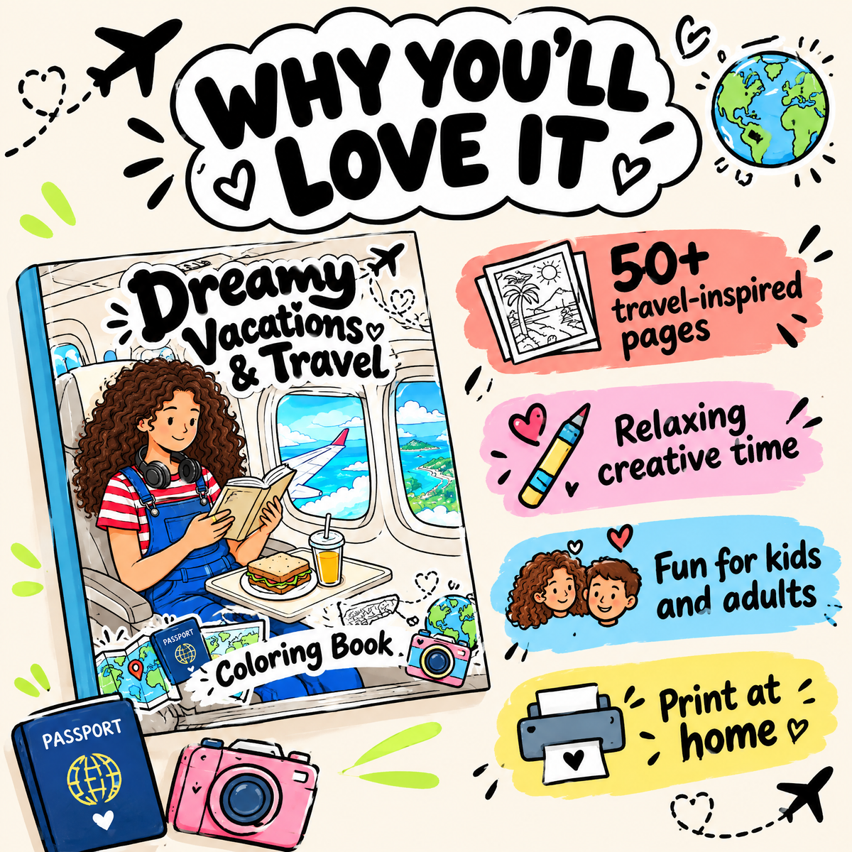 Dreamy Vacations &amp; Travel Coloring Book — 50+ Pages