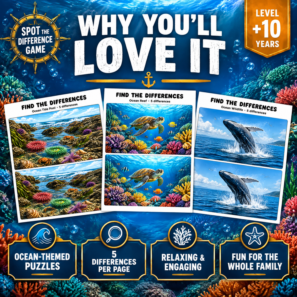 Find the Differences: Ocean Adventures – 20 Pages Printable PDF Activity Book