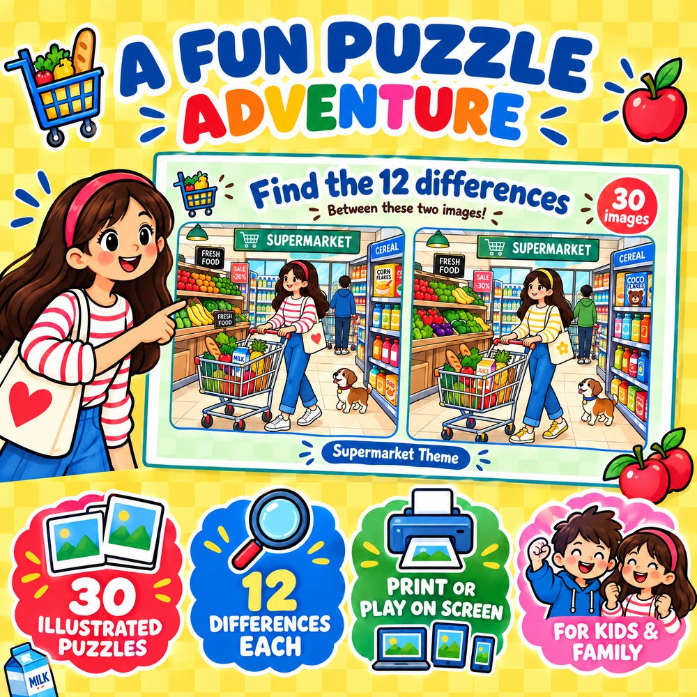 Find the 12 Differences Supermarket Fun – 30 Puzzles for Kids