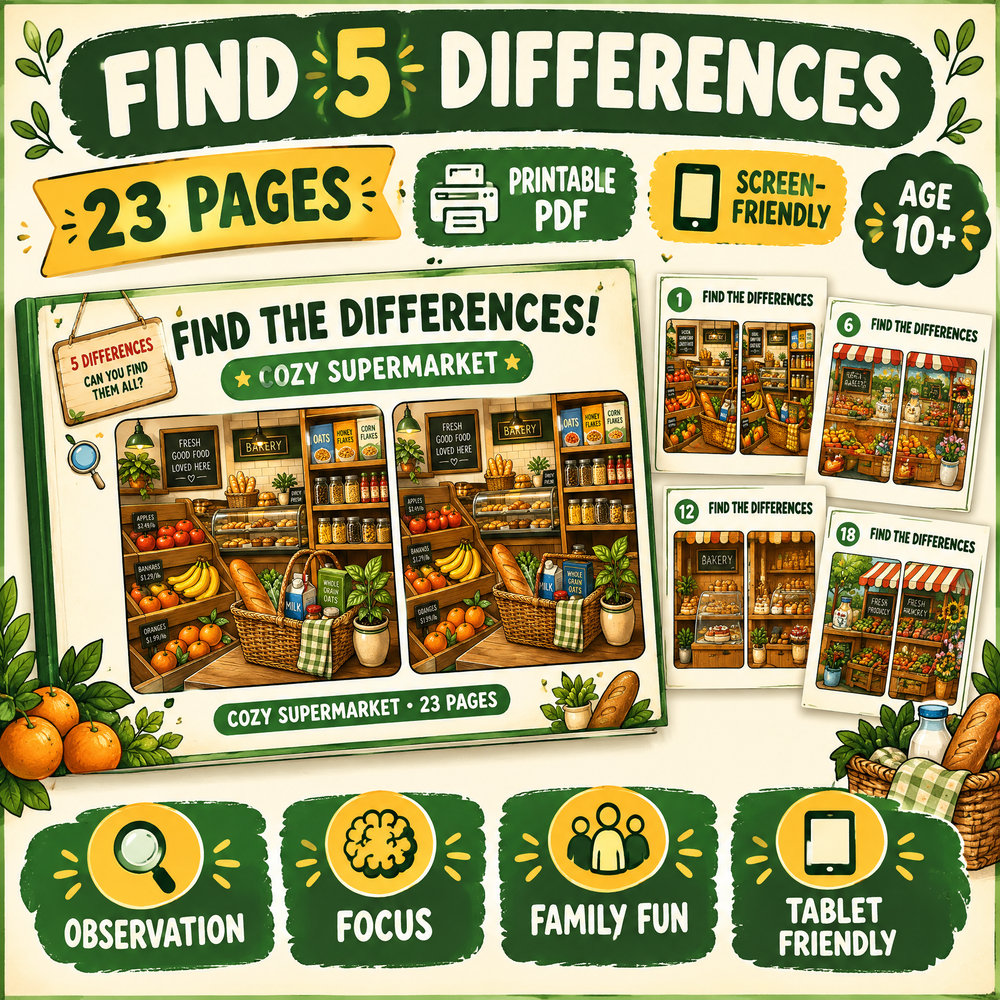 Find the Differences: Cozy Supermarket – Printable PDF Activity Book