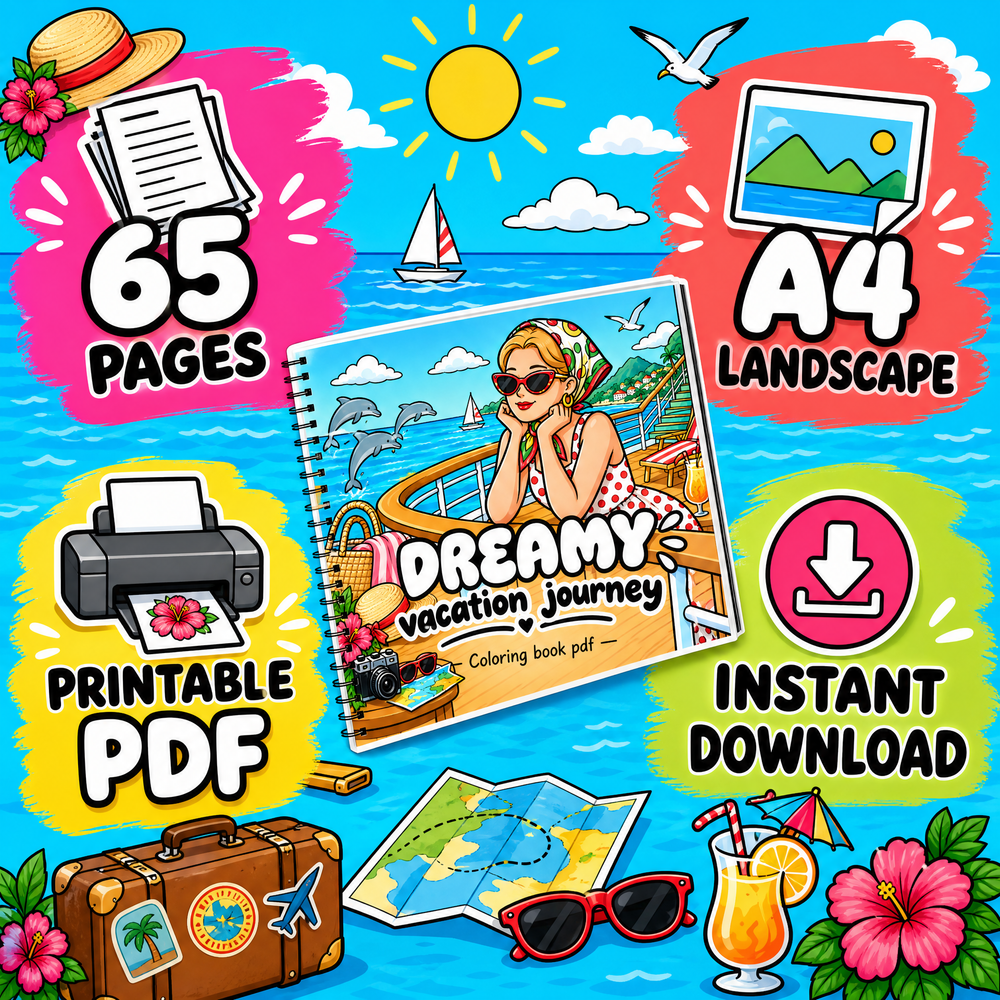 Dreamy Vacation Journey 65 Pages Coloring Book Printable PDF.pdf