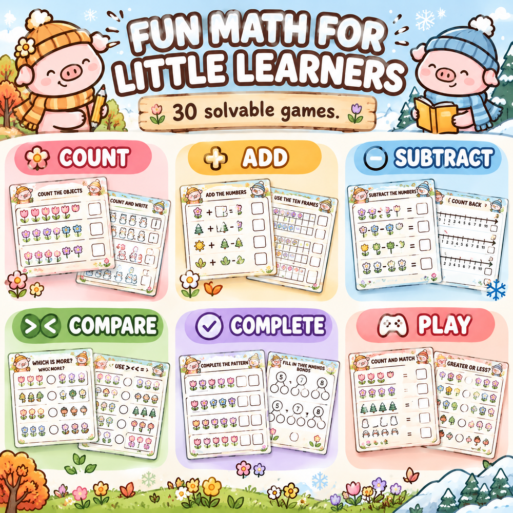 Four Seasons Number Games for Kids – 30 Printable Math Worksheets PDF – A4 Landscape Educational Activity Book