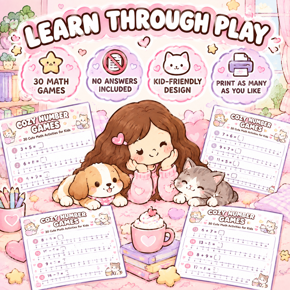 Cozy Animal Number Games – 30 Printable Math Activities for Kids Ages 4–7  A4 Landscape PDF  English Digital Product