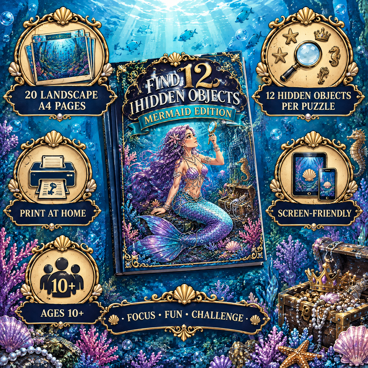 Dreamy Mermaid Hidden Objects – Challenge Edition Activity Book