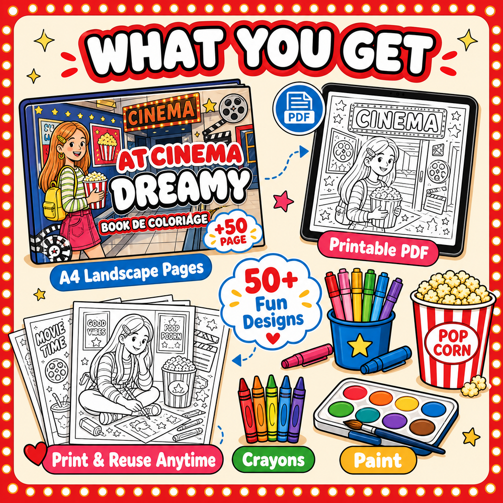 Dreamy Cat at Cinema: 50+ Cute Cinema Coloring Book for Kids