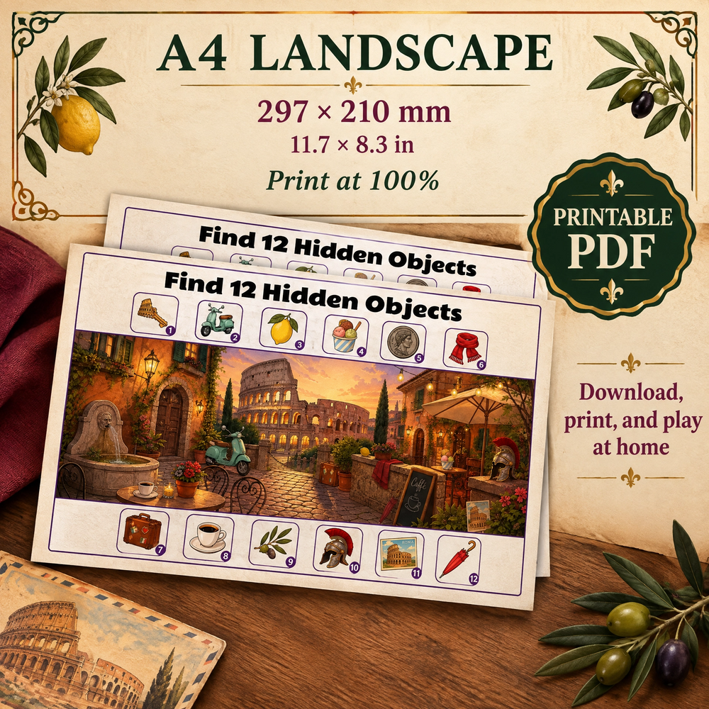 Dreamy Rome Italy – Find 12 Hidden Objects Activity Book