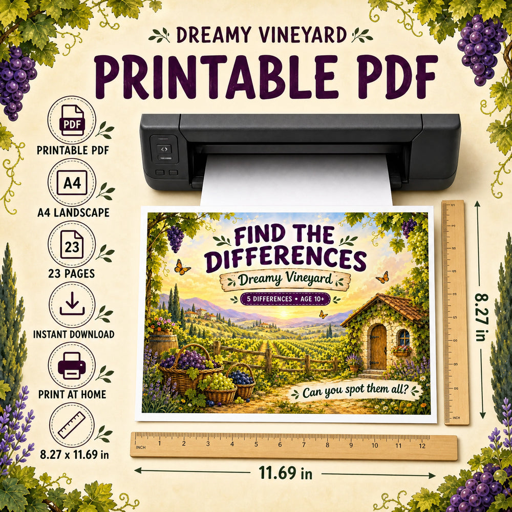 Find the Differences: Dreamy Vineyard – Printable PDF Puzzle Book for Kids &amp; Families