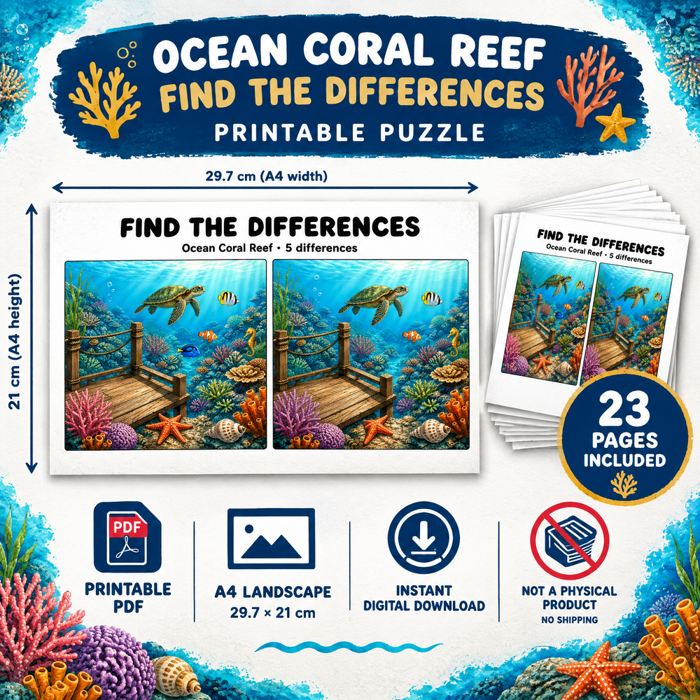 Find the Differences: Ocean Adventures – 20 Pages Printable PDF Activity Book