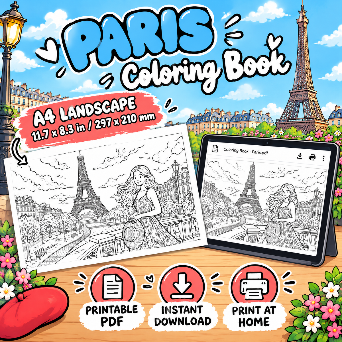 Dreamy Trip to France: Paris Coloring Book for Kids &amp; Teens | 50+ Pages