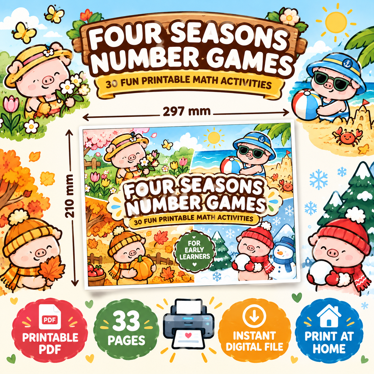 Four Seasons Number Games for Kids – 30 Printable Math Worksheets PDF – A4 Landscape Educational Activity Book