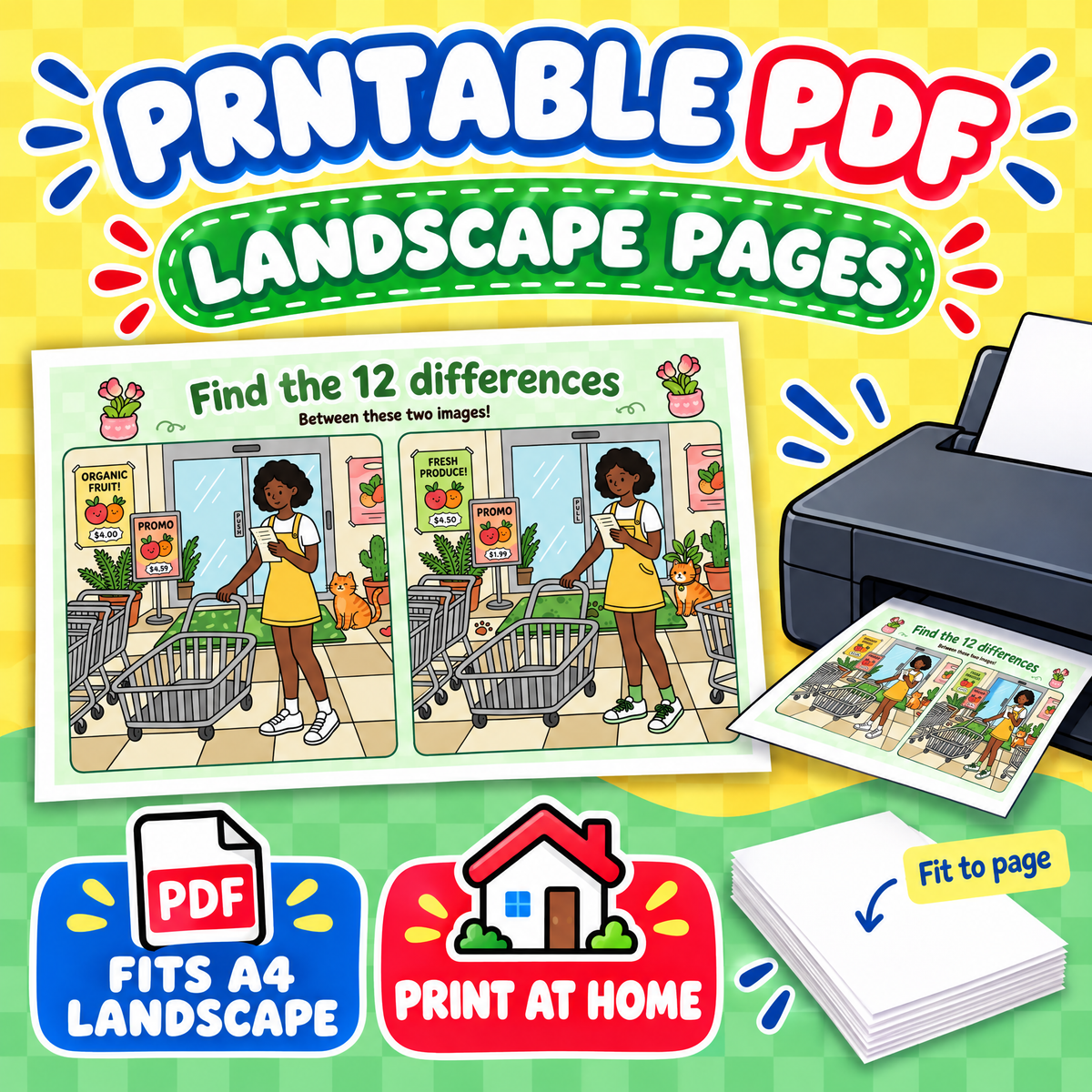 Find the 12 Differences Supermarket Fun – 30 Puzzles for Kids