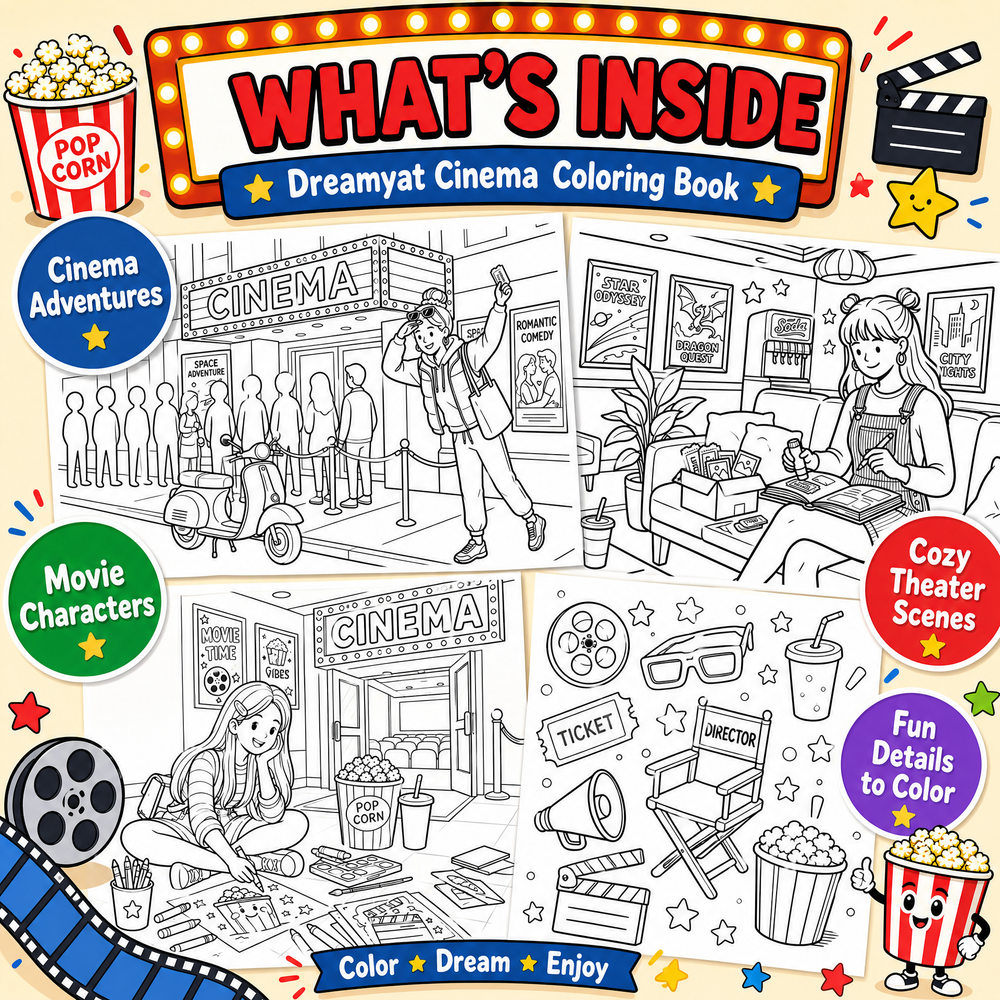 Dreamy Cat at Cinema: 50+ Cute Cinema Coloring Book for Kids