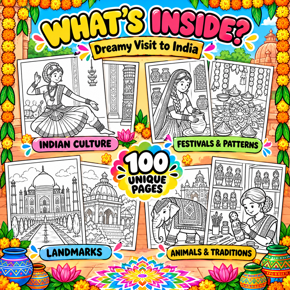 Dreamy India Journey 100 Pages Coloring Book  Printable PDF