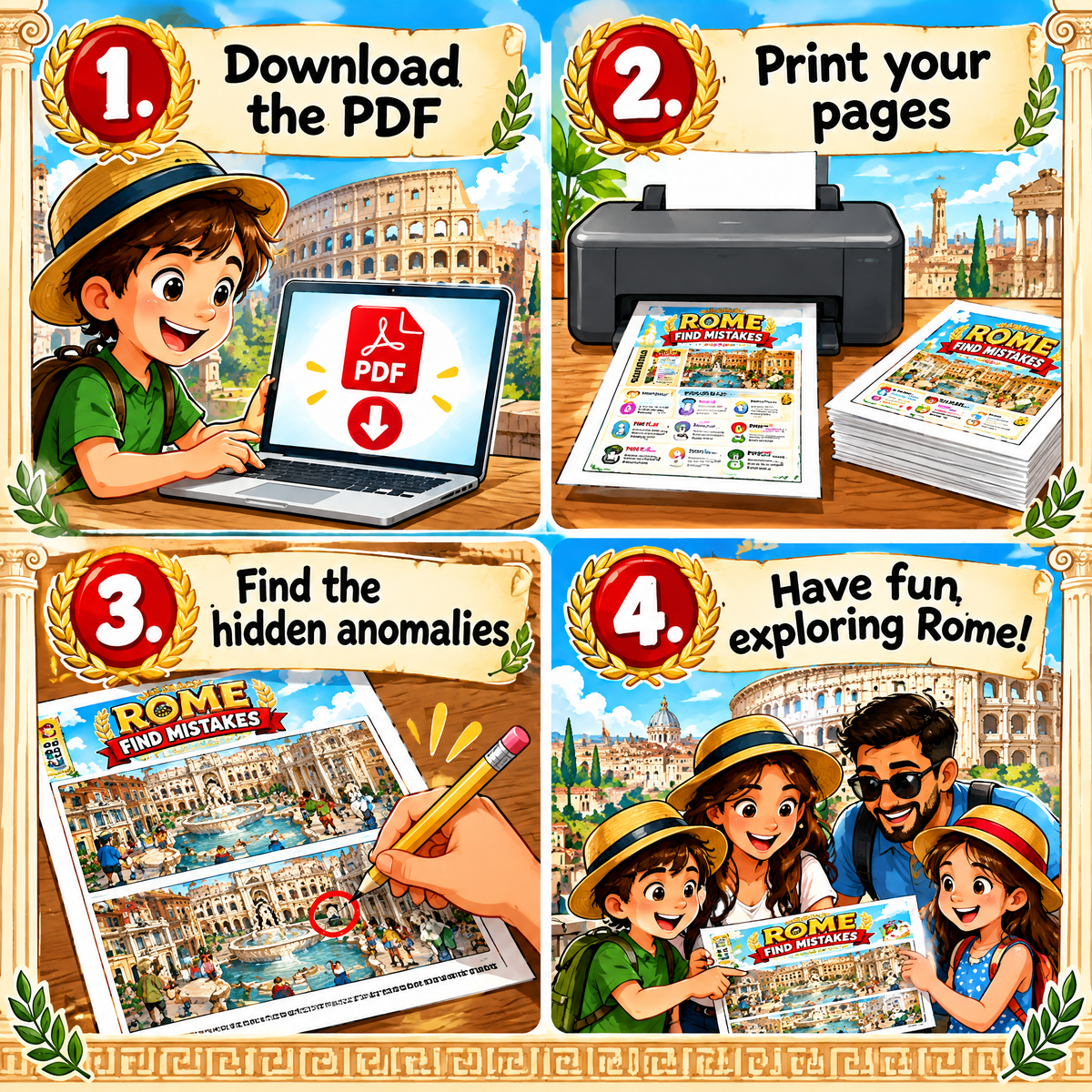 Explore Rome while searching for hidden anomalies - Printable PDF Activity Book