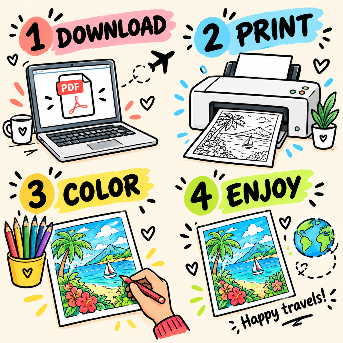 Dreamy Vacations &amp; Travel Coloring Book — 50+ Pages