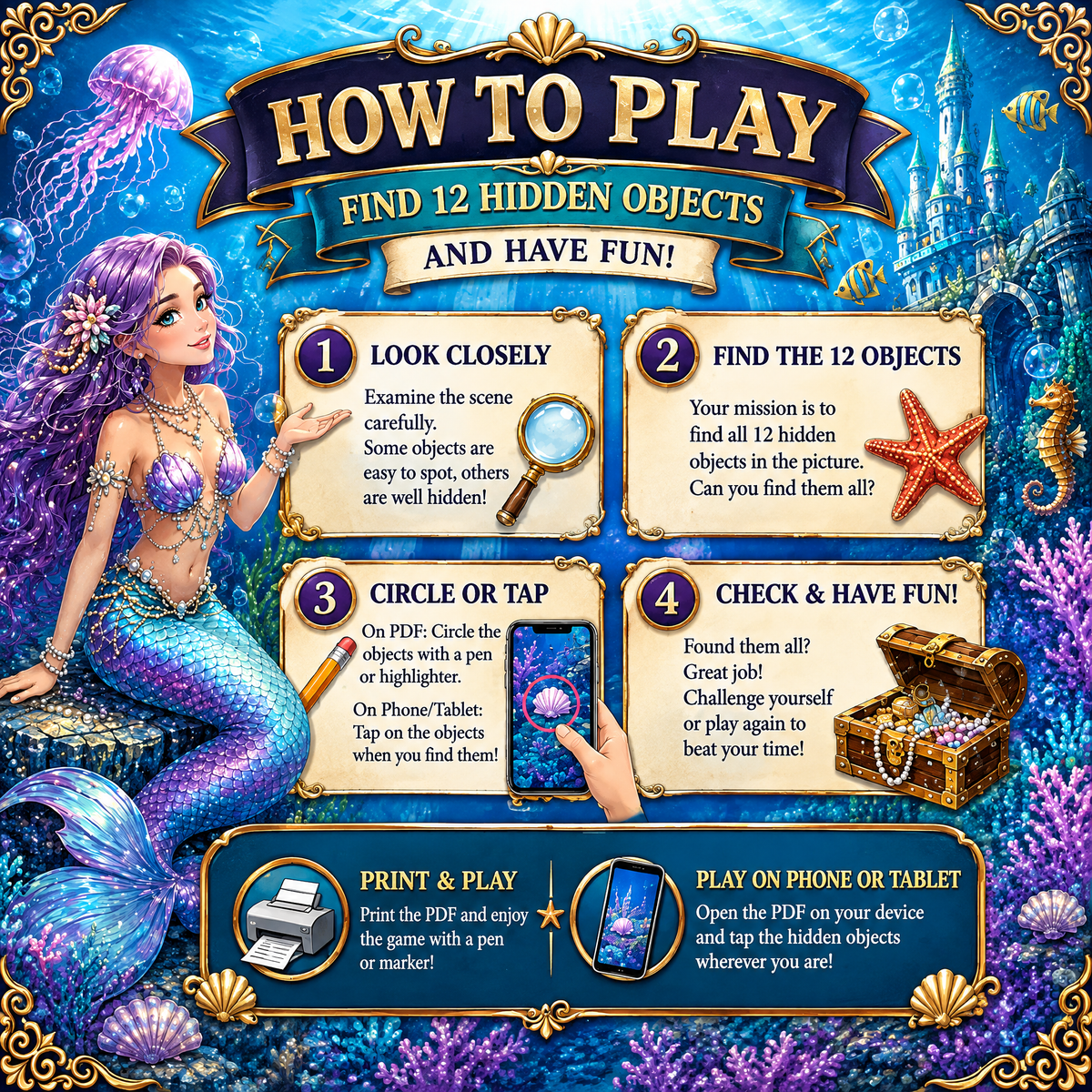 Dreamy Mermaid Hidden Objects – Challenge Edition Activity Book