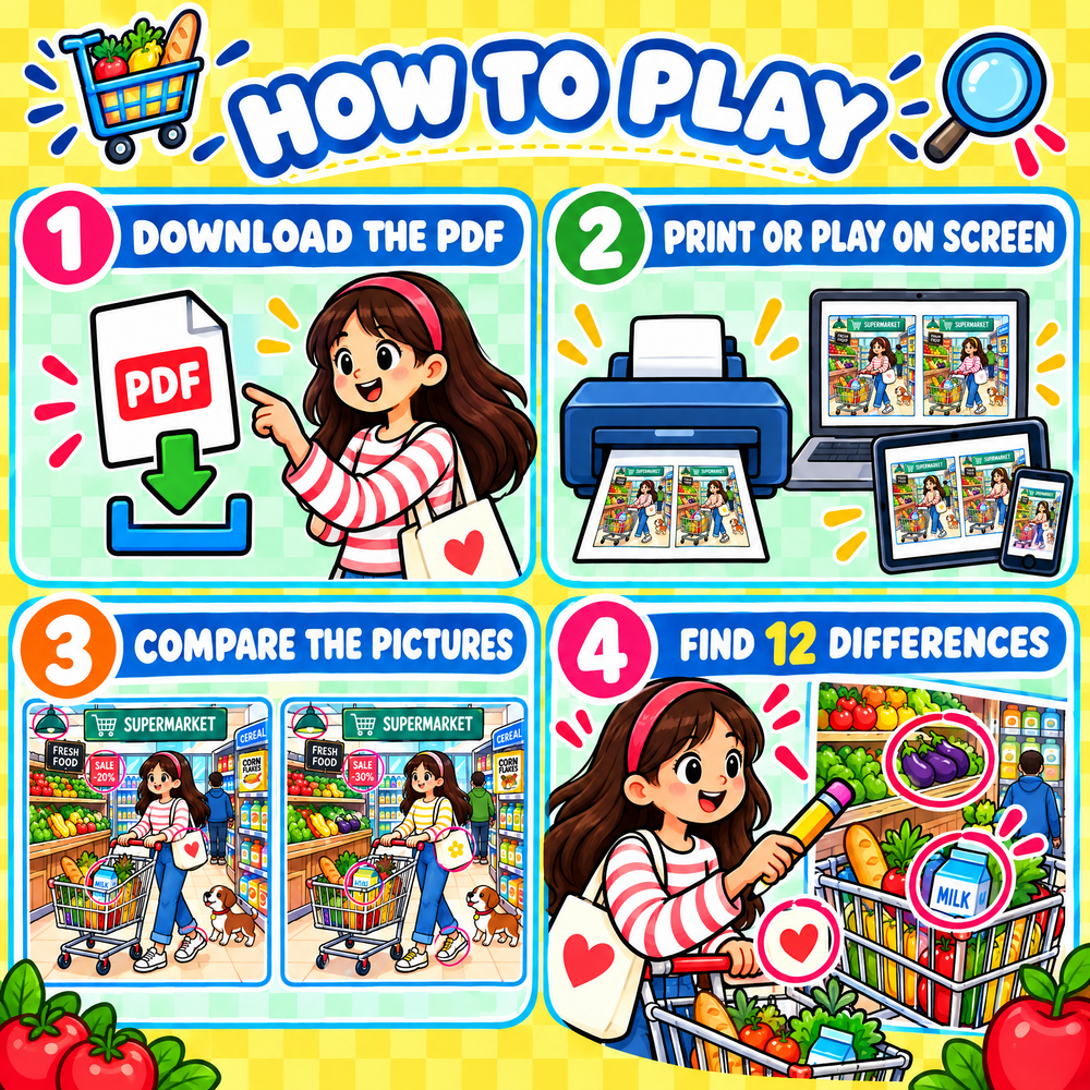 Find the 12 Differences Supermarket Fun – 30 Puzzles for Kids