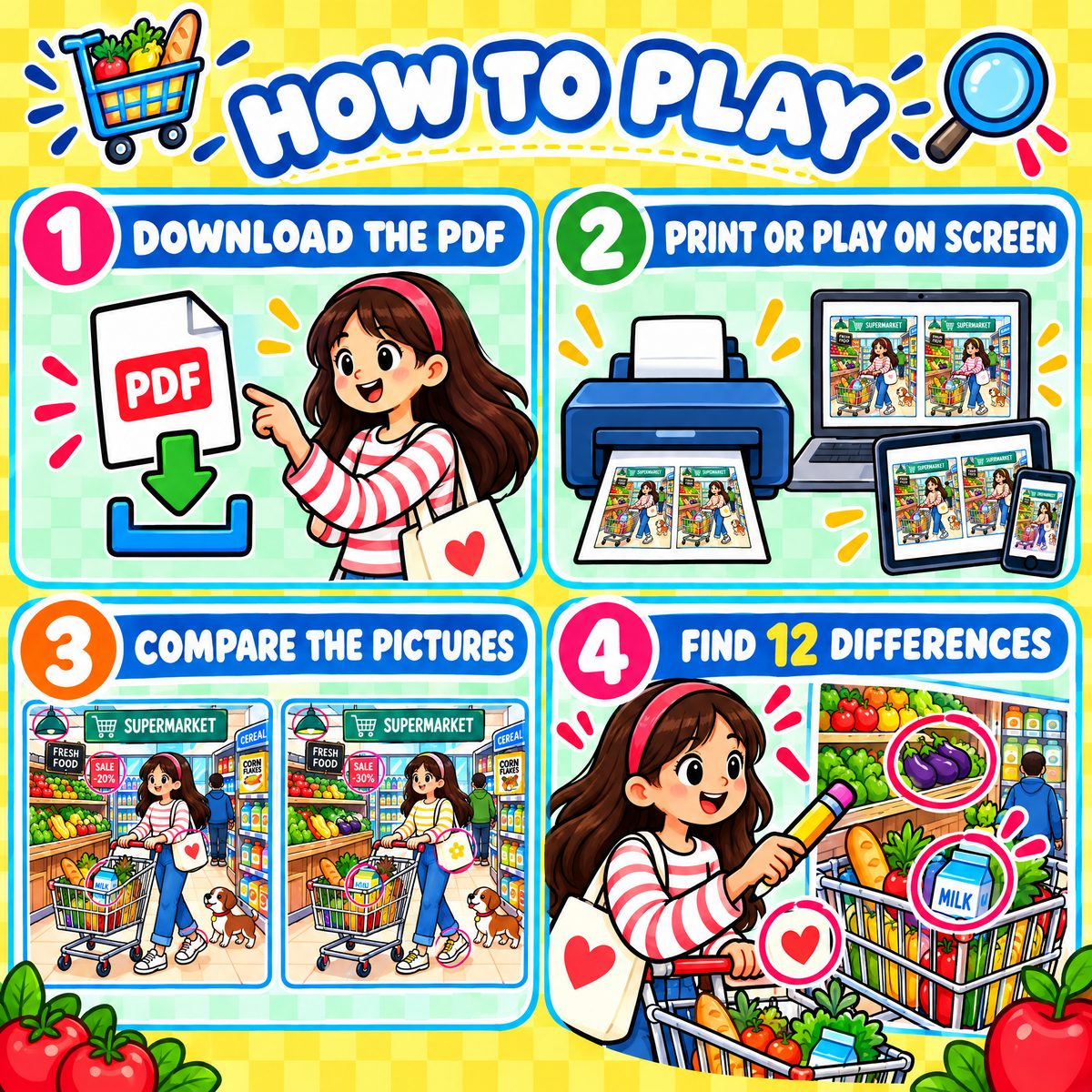 Find the 12 Differences Supermarket Fun – 30 Puzzles for Kids