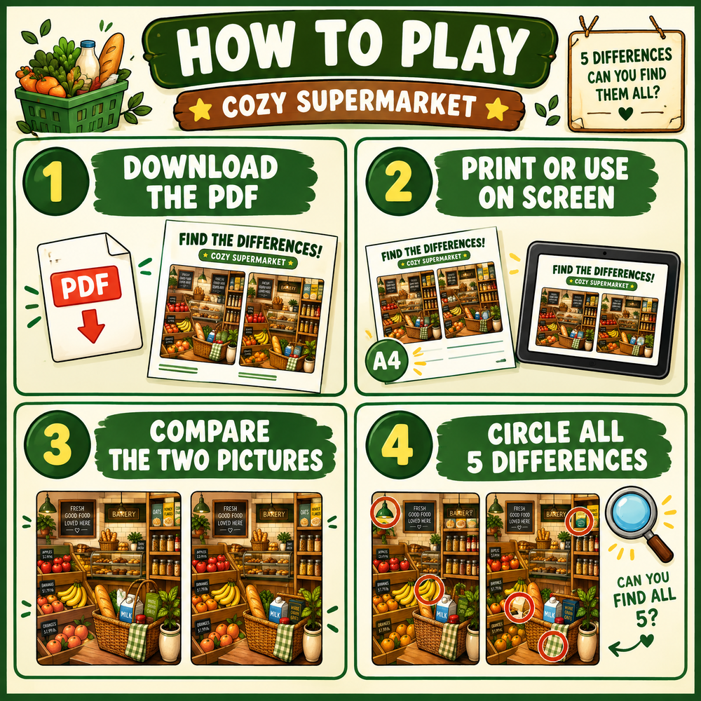 Find the Differences: Cozy Supermarket – Printable PDF Activity Book