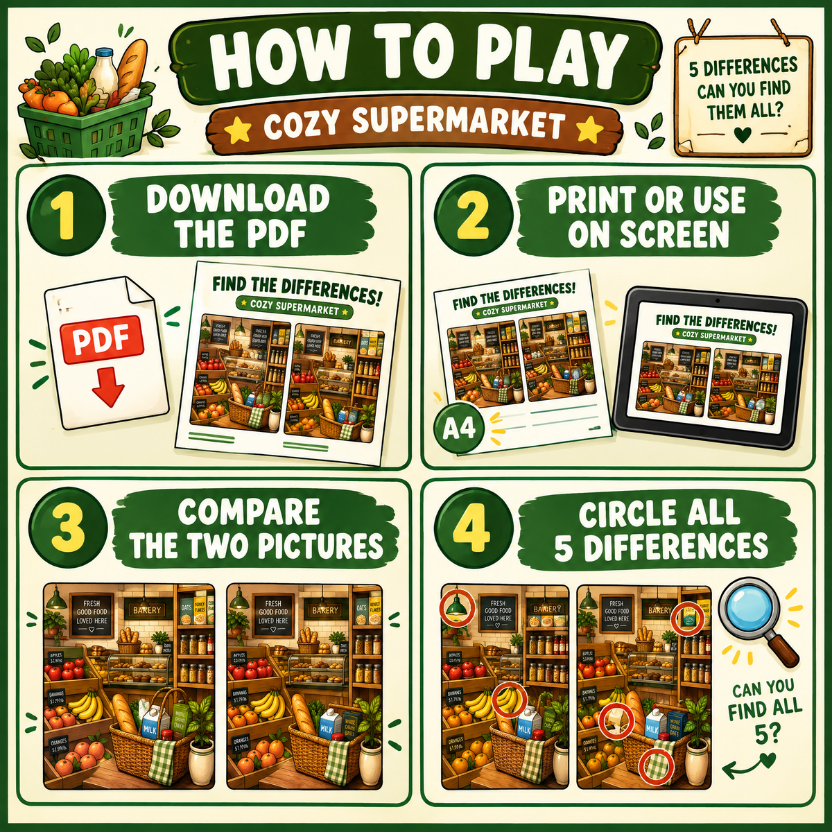 Find the Differences: Cozy Supermarket – Printable PDF Activity Book