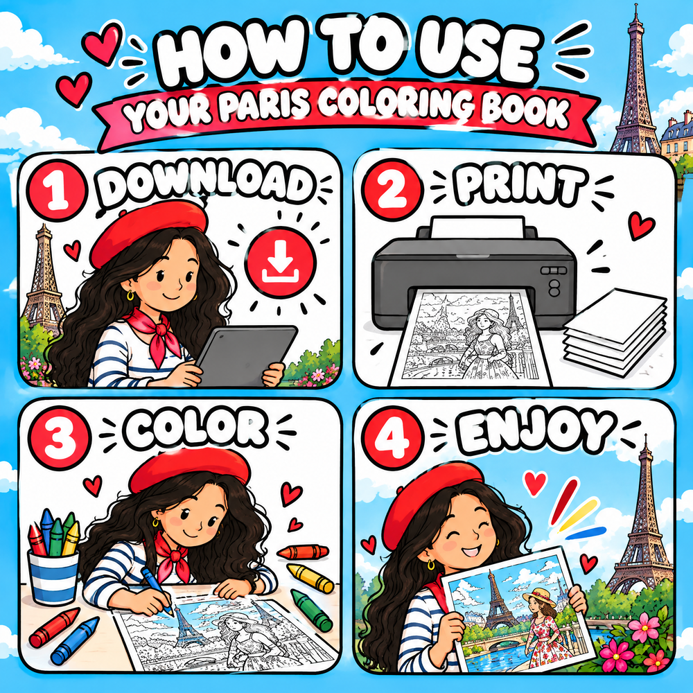 Dreamy Trip to France: Paris Coloring Book for Kids &amp; Teens | 50+ Pages