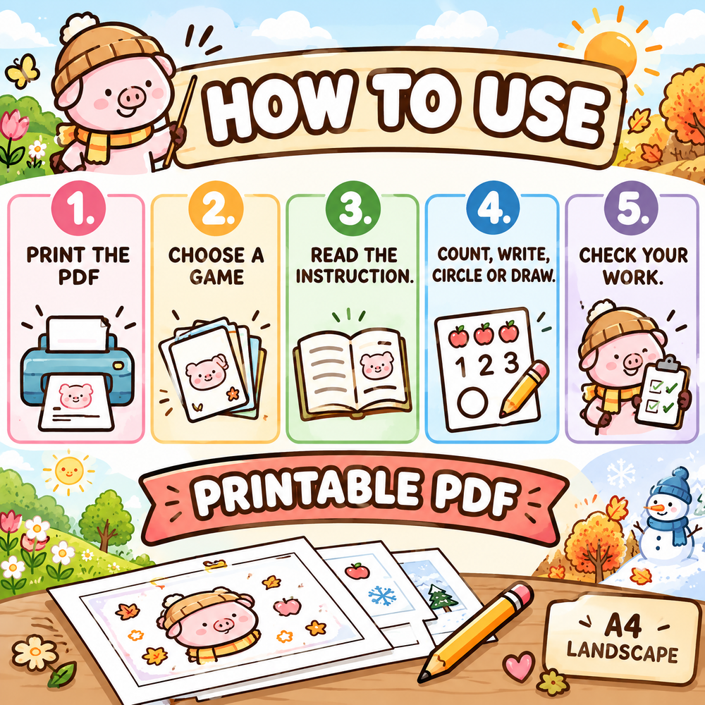 Four Seasons Number Games for Kids – 30 Printable Math Worksheets PDF – A4 Landscape Educational Activity Book