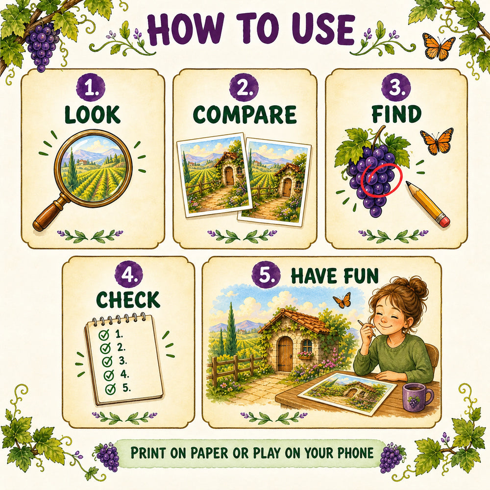 Find the Differences: Dreamy Vineyard – Printable PDF Puzzle Book for Kids &amp; Families
