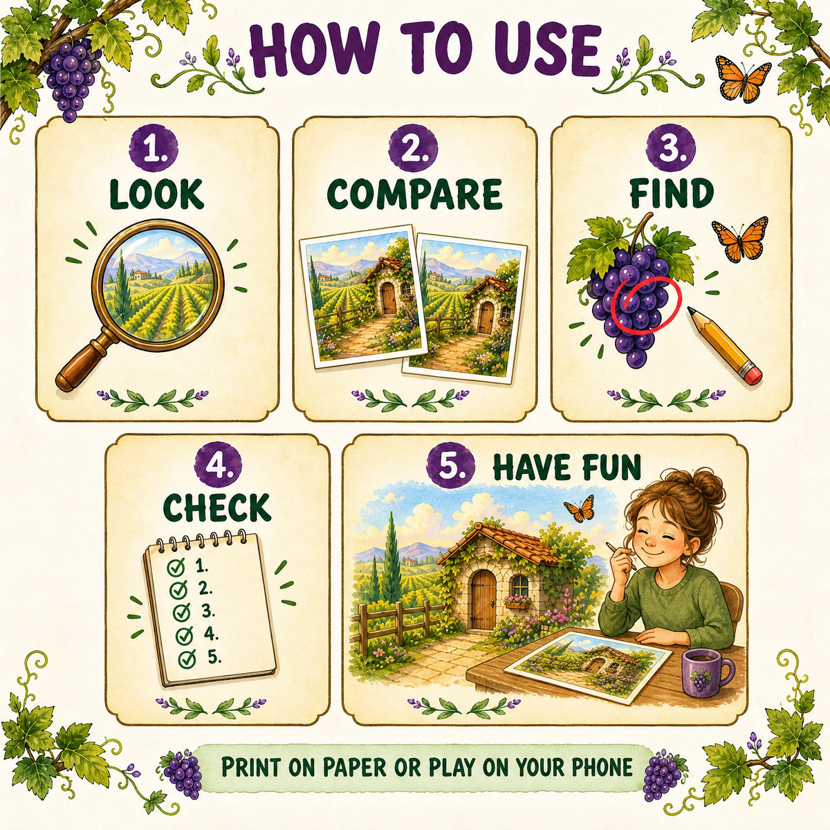 Find the Differences: Dreamy Vineyard – Printable PDF Puzzle Book for Kids &amp; Families