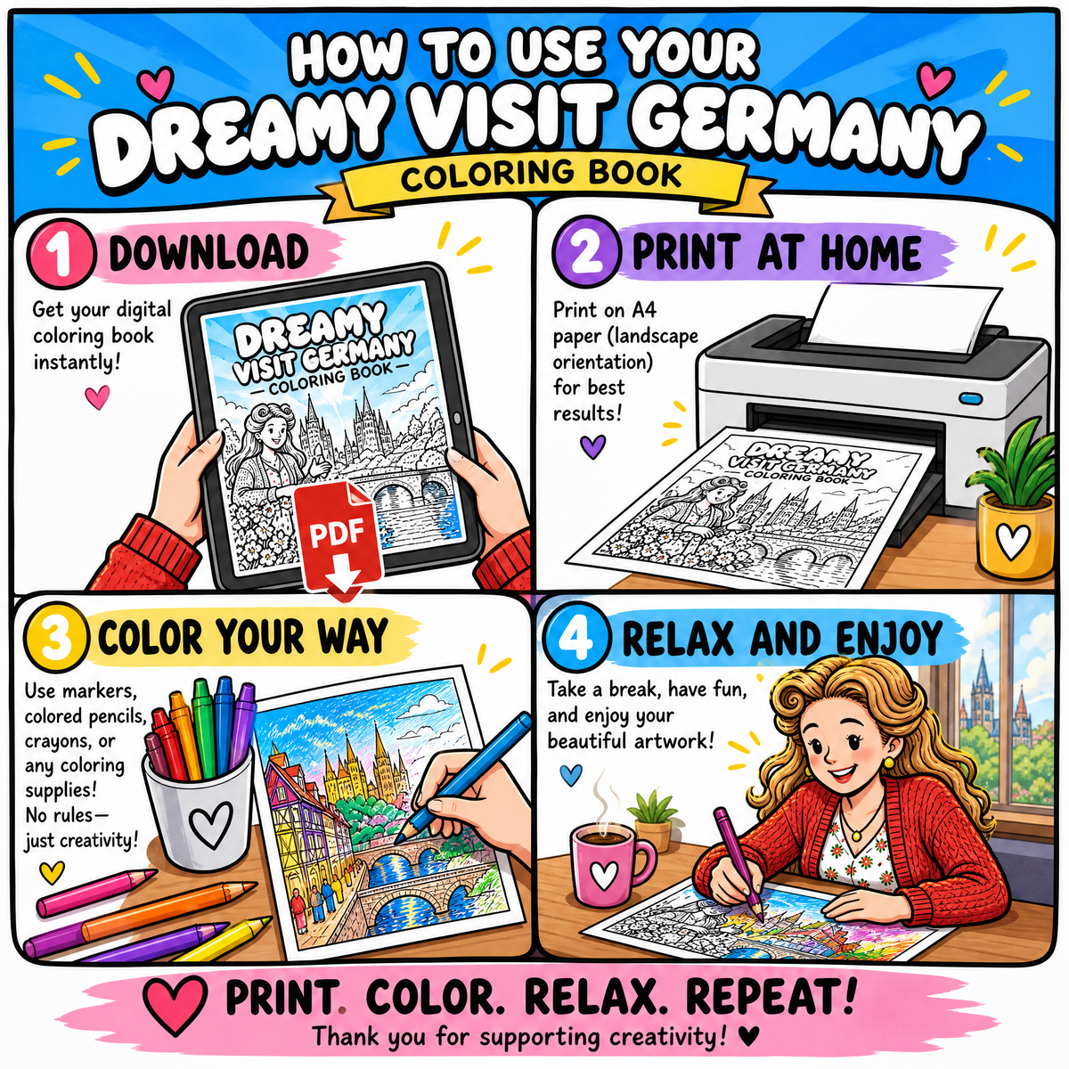 Dreamy Visit Germany: A Cozy Coloring Book for Adults &amp; Kids
