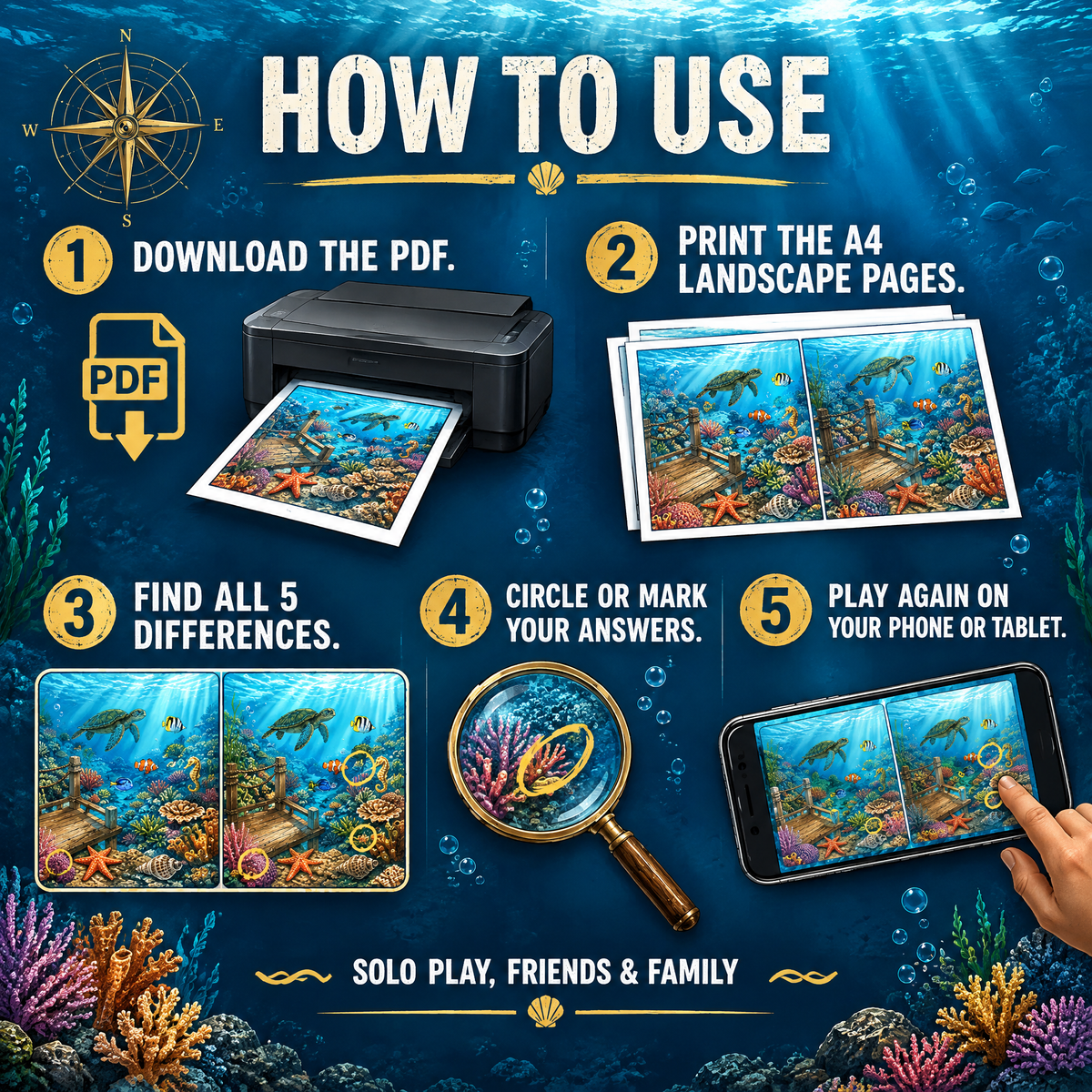 Find the Differences: Ocean Adventures – 20 Pages Printable PDF Activity Book