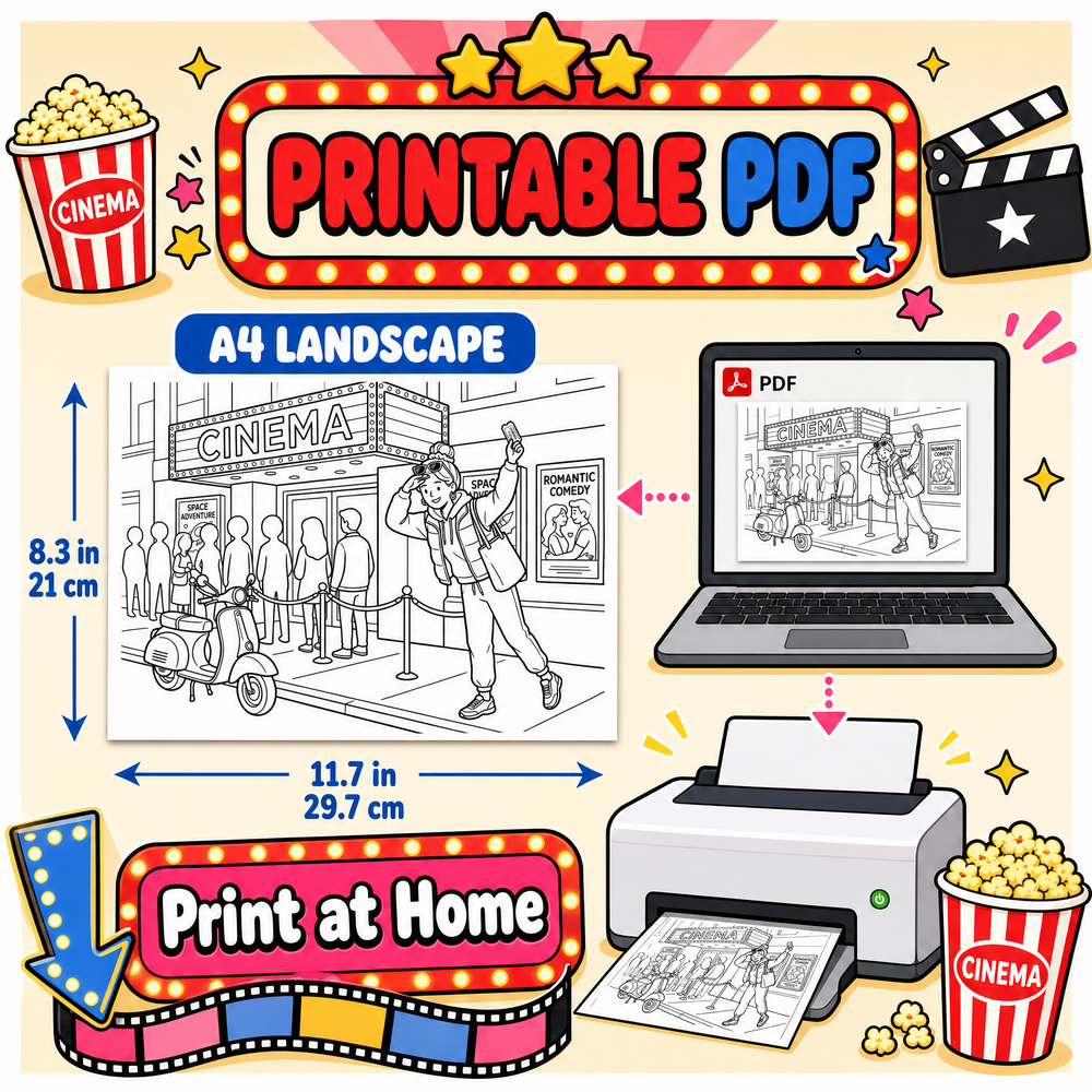 Dreamy Cat at Cinema: 50+ Cute Cinema Coloring Book for Kids