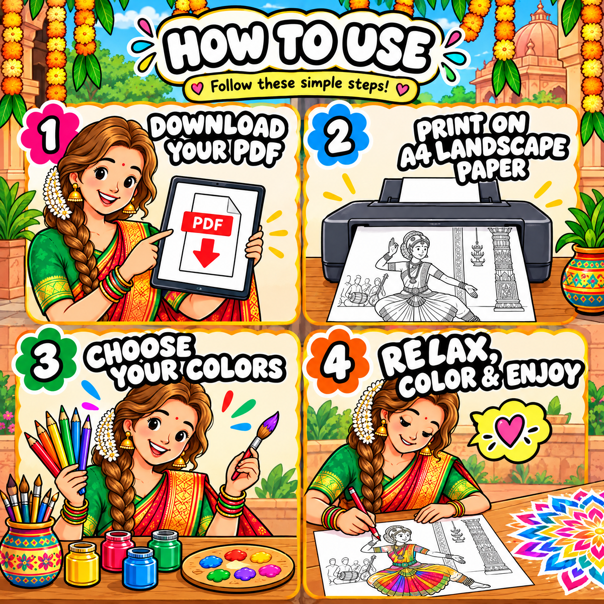 Dreamy India Journey 100 Pages Coloring Book  Printable PDF