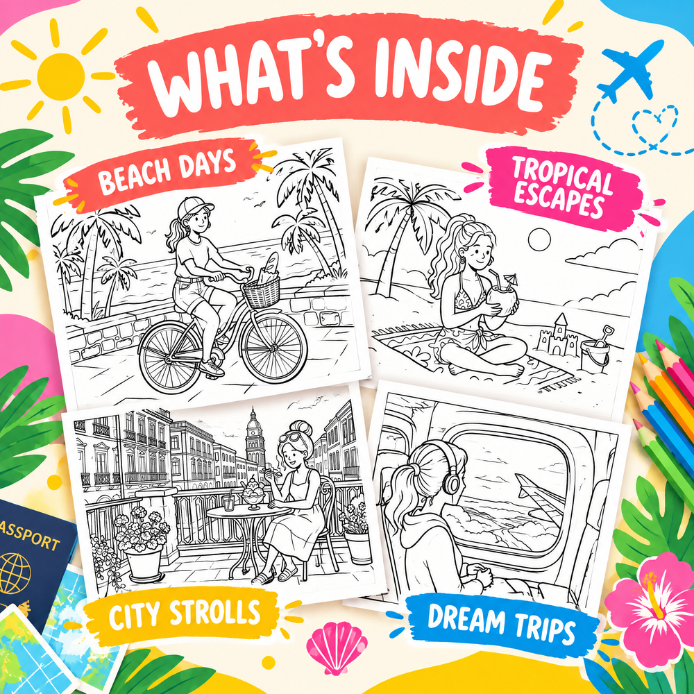 Dreamy Vacations &amp; Travel Coloring Book — 50+ Pages