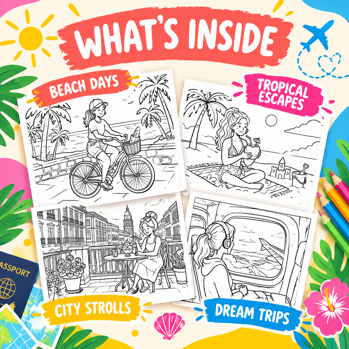 Dreamy Vacations &amp; Travel Coloring Book — 50+ Pages