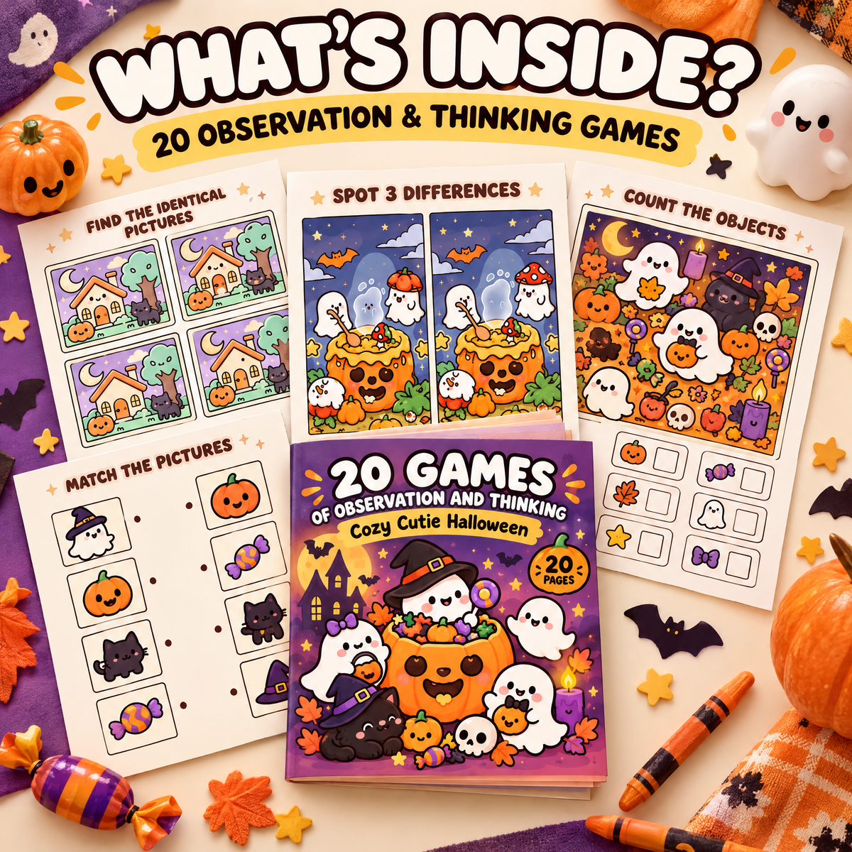 20 Games of Observation and Thinking  - Cozy Cutie Halloween Puzzles to Print and Play